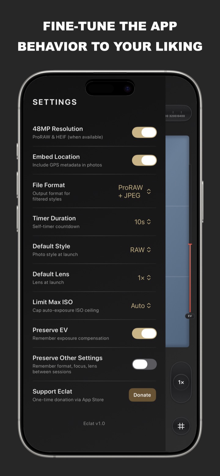 Eclat settings with flash, timer, grid and support options